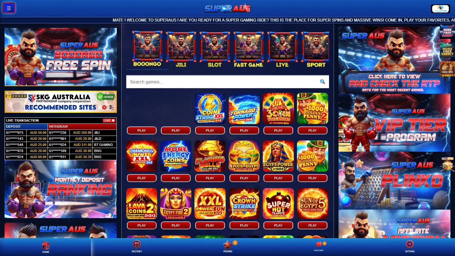 Superaus Casino home screen on desktop with AUD casino content