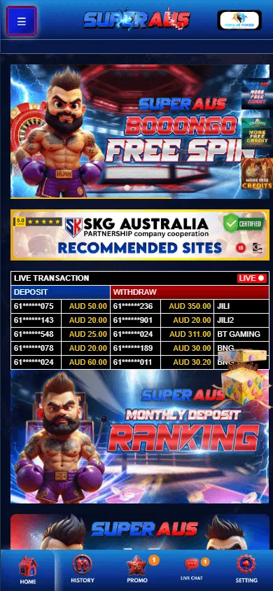 Superaus Casino home screen on a mobile device with casino content