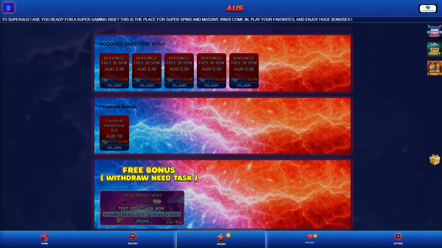 Superaus Casino promotions area on desktop with the daily bet leaderboard