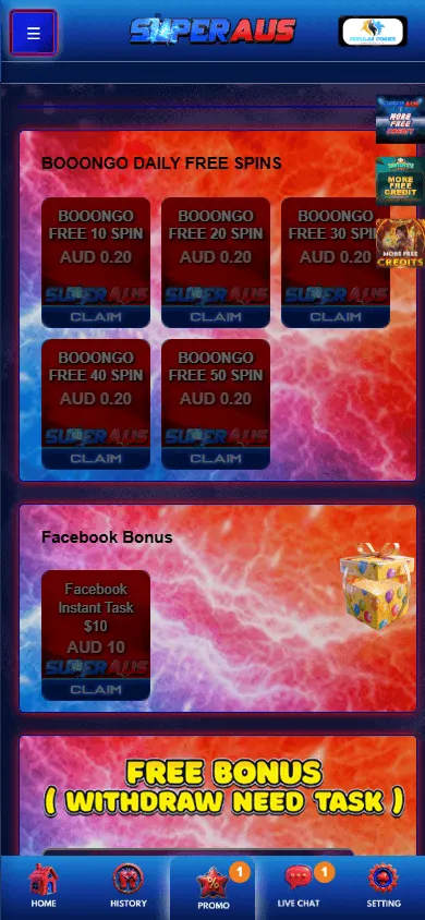 Superaus Casino promotions area on a mobile device